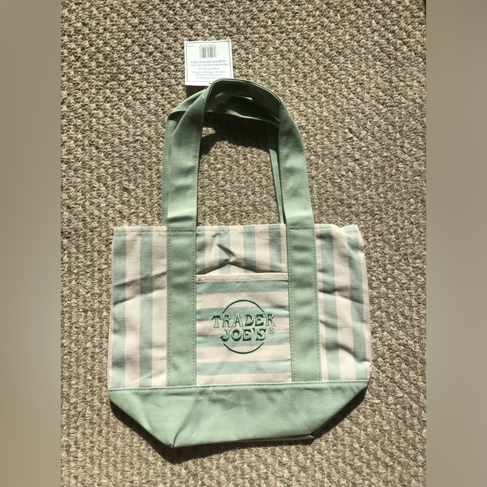 NWT Trader Joe's Limited Edition Pastel Green & White Striped Mini Canvas Tote